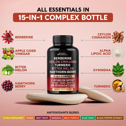 Berberine with Ceylon Cinnamon | Bitter Melon (Karela) | Apple Cider Vinegar | Hawthorn Berry | Citrus Bergamot | Turmeric - 15in1 Supplement for Heart Metabolism & Energy Support - Vegan, 60 Capsules
