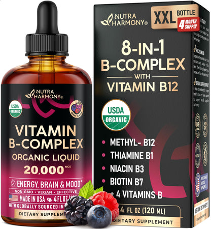 USDA Organic Vitamin B-Complex B5 Pantothenic Acid | B12 Methylcobalamin | B1 Thiamine | B6 Pyridoxine | B7 Biotin | B9 Folic | B3 Niacinamide - B Complex Liquid Drops, Natural Berry Flavor, 2fl oz