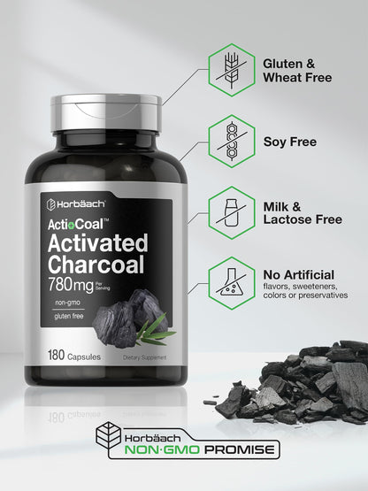 Horbaach Charcoal Pills 780mg | 180 Capsules | Activated Charcoal from Coconut Shells