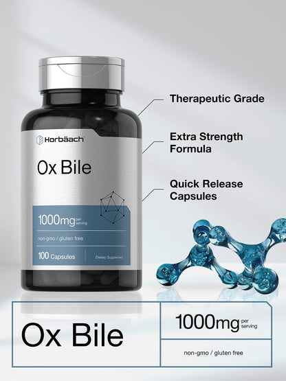 Ox Bile 1000 mg 100 Capsules | Digestive Enzymes Supplement | Non-GMO & Gluten Free