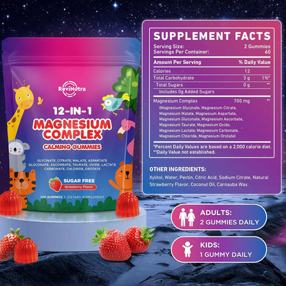 Magnesium Complex 700mg - 12 in 1 Magnesium Gummies with Glycinate, Citrate, Malate, Oxide, Taurate, Aspartate, Orotate - Supports Relaxation, Muscle & Heart - Sugar Free Strawberry 120 Count