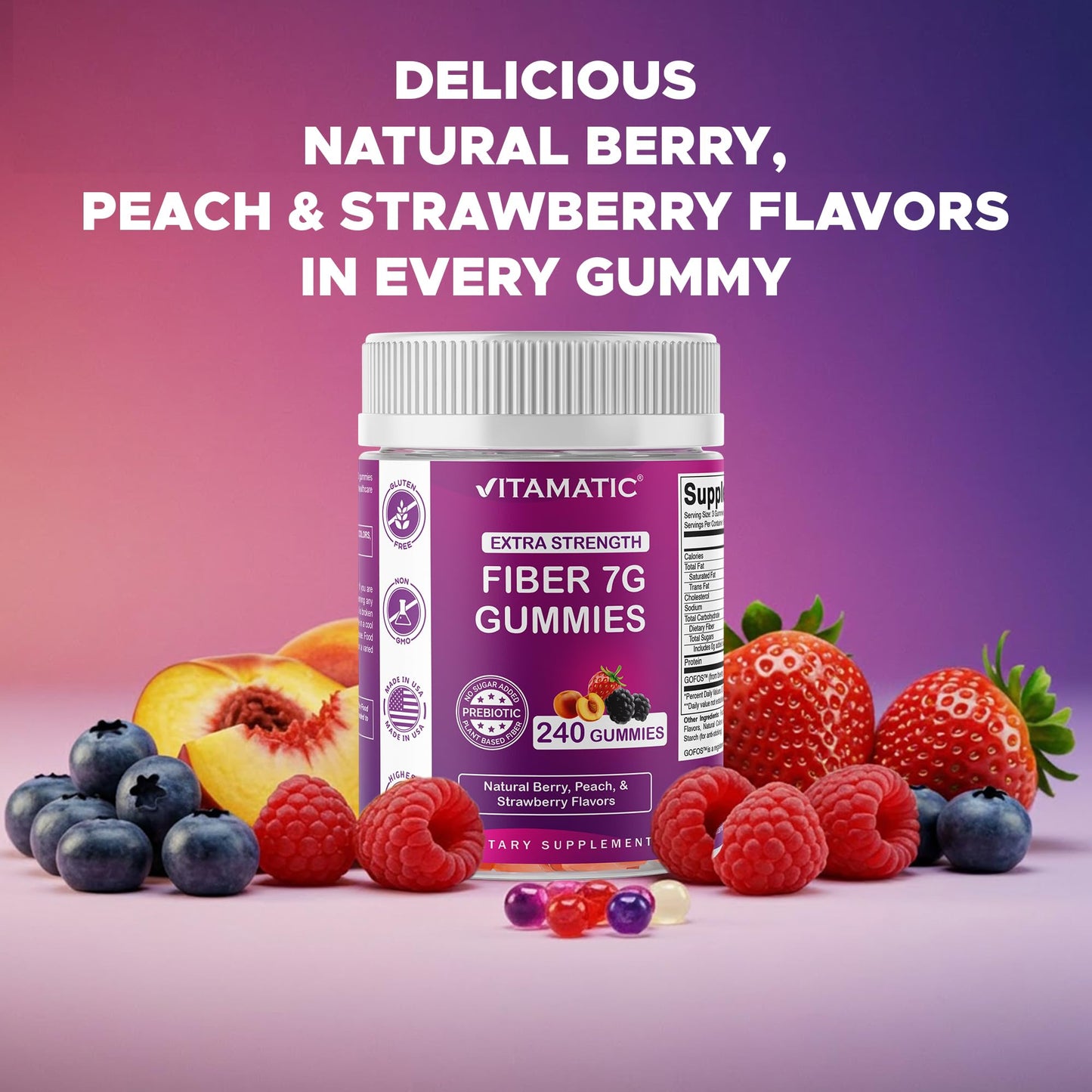 Vitamatic Prebiotic Fiber Gummies for Adults, 7G Extra Strength, Zero Sugar Added, 240 Pectin Based Gummies, Digestive Health & Regularity Support