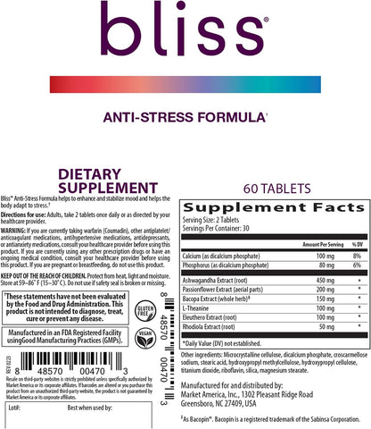 Bliss Stress Support with Ashwagandha, Rhodiola & L-Theanine, 60 Tablets