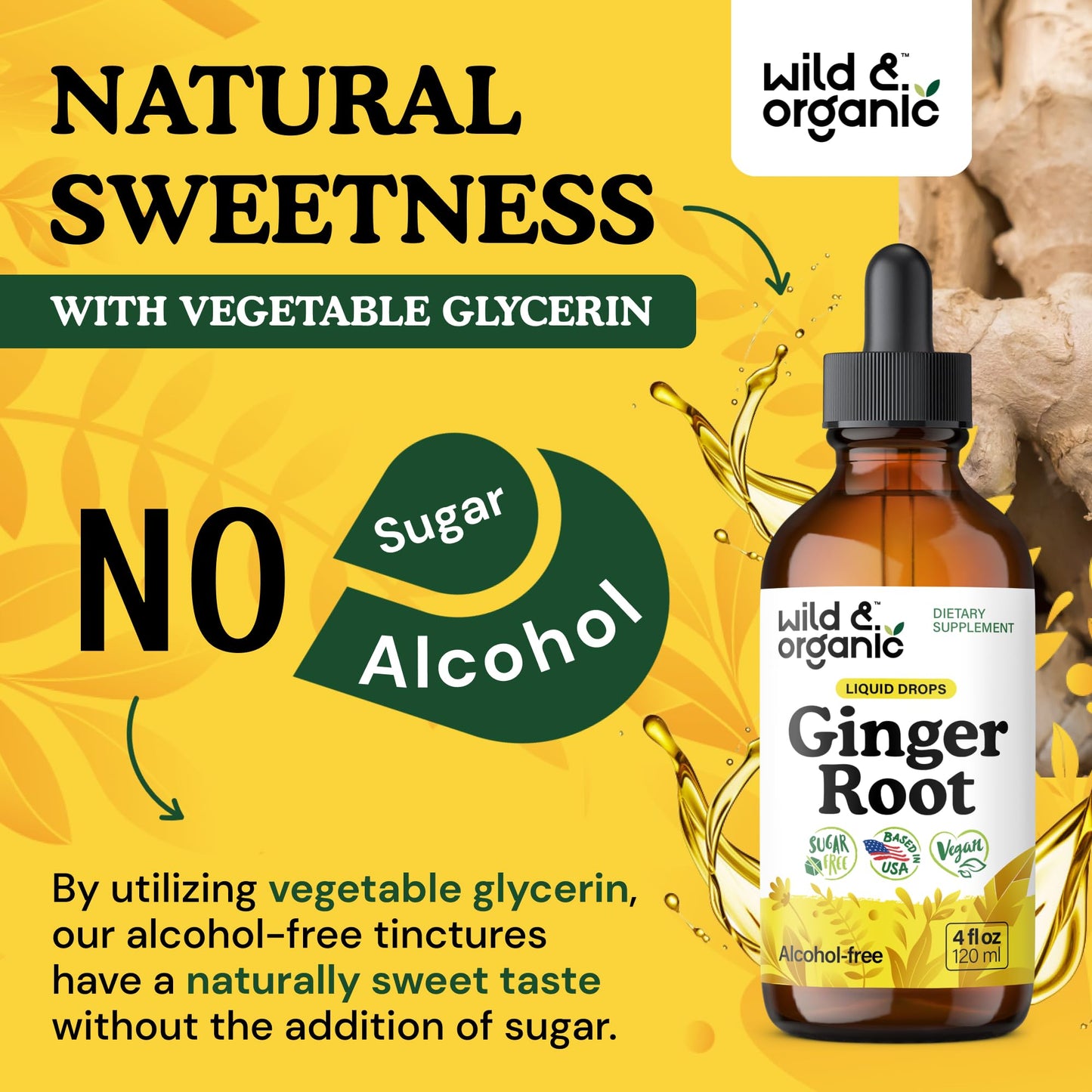 Wild & Organic Ginger Root Extract Drops - Immune & Digestive Support - Liquid Ginger Supplements - Easy to Add to Tea - Vegan, Sugar & Alcohol-Free Tincture - 4 fl oz
