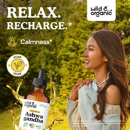 Wild & Organic Ashwagandha Drops - Mood Support & Positive Energy - 500 mg Ashwagandha for Women & Men - Add to Tea Liquid Extract for Relaxation - Non-GMO, Sugar & Alcohol-Free Tincture - 4 fl oz