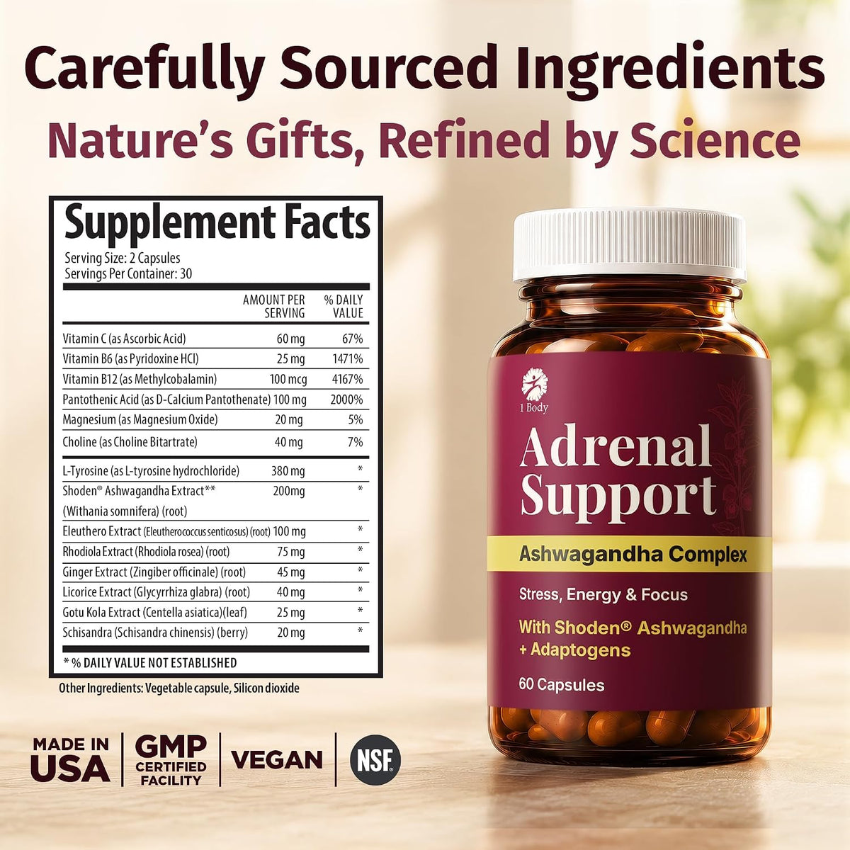 1 Body Adrenal Support Supplement, Shoden Ashwagandha + Cortisol, 60 Caps