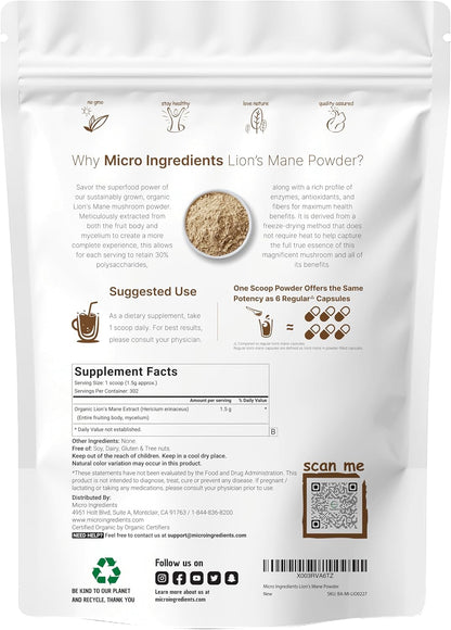 Micro Ingredients Organic Lion’s Mane Mushroom Powder, 16oz | Pure Fruiting Body Superfood | Supports Brain, Focus, Energy & Immune Health | Great for Smoothies & Coffee | Filler Free, Vegan, Non-GMO
