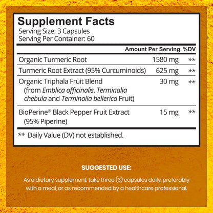 Turmeric Curcumin Supplement - 2250mg/d - Veggie Caps - 95% Curcuminoids with Black Pepper Extract (Bioperine) - 750mg Capsules - 100% Organic - Most Powerful Turmeric (180 Count)