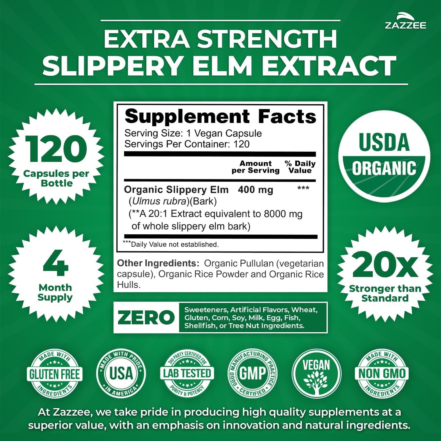 Zazzee USDA Organic Slippery Elm Bark 20:1 Extract, 120 Vegan Capsules, 4 Month Supply, Ulmus Rubra, Digestive, Throat & Mucosal Support, Herbal Supplement, All-Natural, Non-GMO, Made in the USA