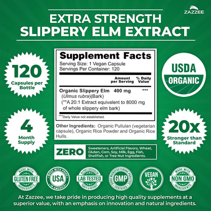 Zazzee USDA Organic Slippery Elm Bark 20:1 Extract, 120 Vegan Capsules, 4 Month Supply, Ulmus Rubra, Digestive, Throat & Mucosal Support, Herbal Supplement, All-Natural, Non-GMO, Made in the USA