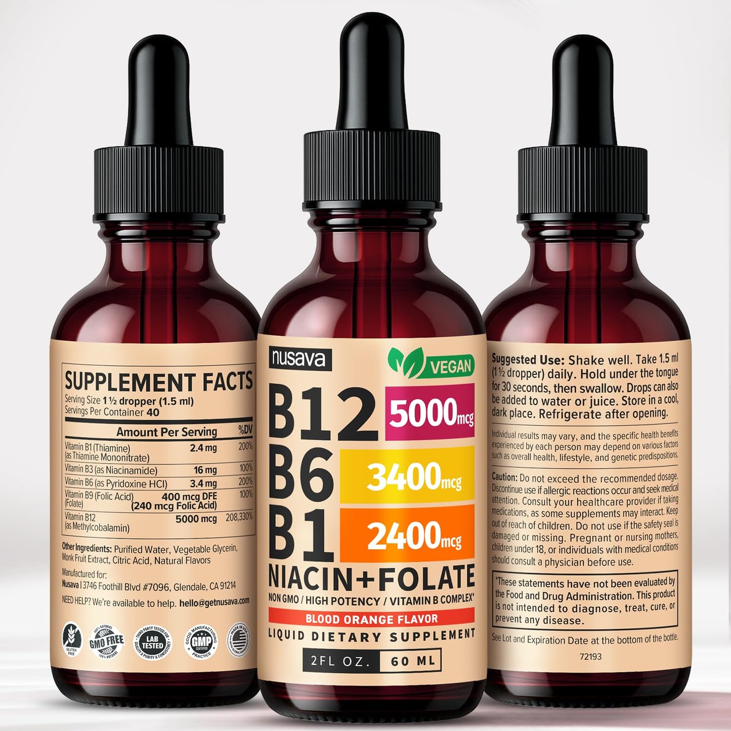 NUSAVA (2 Pack) Vitamin B12 Liquid Drops with B6, B1, Niacin & Folate — B12 Sublingual Vitamin B Complex, Methylcobalamin 5000 mcg, for Energy, Brain & Heart Support, Raspberry Flavor, 80 Servings