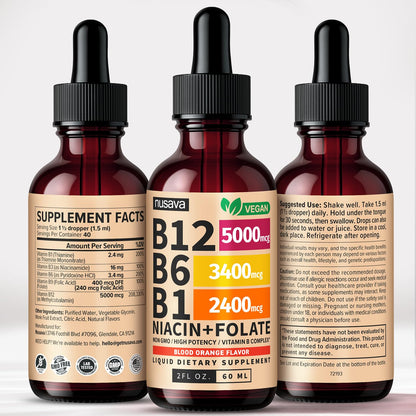 NUSAVA (2 Pack) Vitamin B12 Liquid Drops with B6, B1, Niacin & Folate — B12 Sublingual Vitamin B Complex, Methylcobalamin 5000 mcg, for Energy, Brain & Heart Support, Raspberry Flavor, 80 Servings