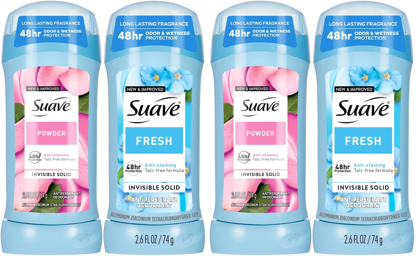 Suave Antiperspirant Deodorant for Women, Fresh & Powder Variety 2-Pack – Anti-Staining Invisible Solid Sticks, Talc-Free, 2.6 Oz Ea