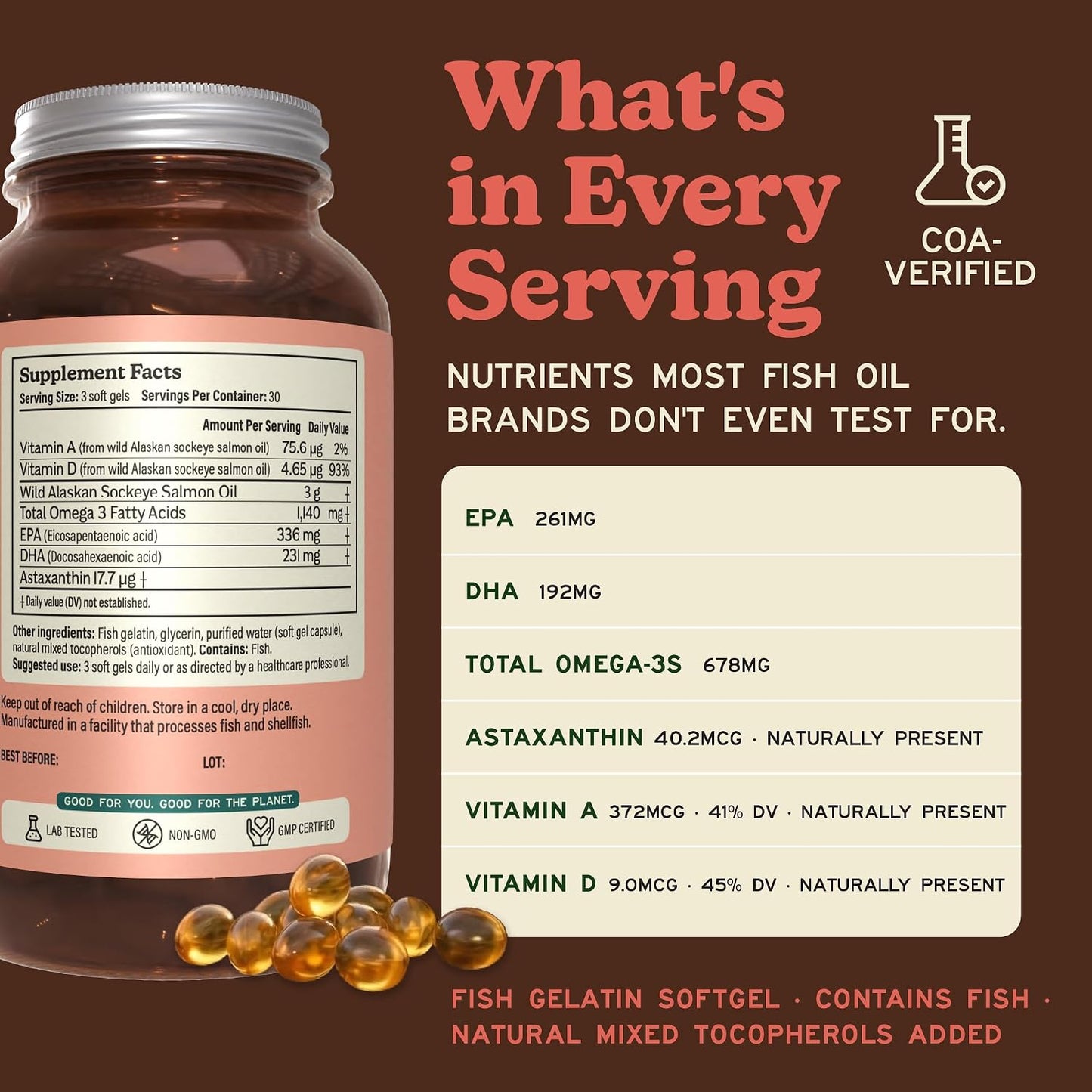 MK Supplements Wild Alaskan Sockeye Salmon Oil, Omega-3 EPA DHA | Tested for heavy metals/rancidity, 90 softgels, EPA and DHA per serving, astaxanthin, vitamins A and D, amber glass