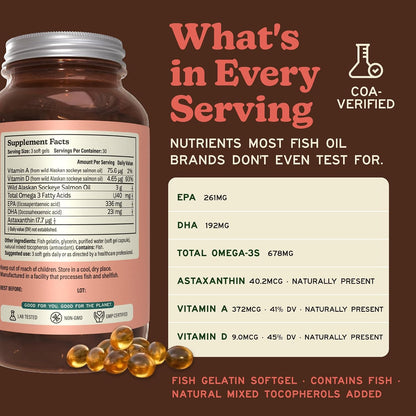 MK Supplements Wild Alaskan Sockeye Salmon Oil, Omega-3 EPA DHA | Tested for heavy metals/rancidity, 90 softgels, EPA and DHA per serving, astaxanthin, vitamins A and D, amber glass