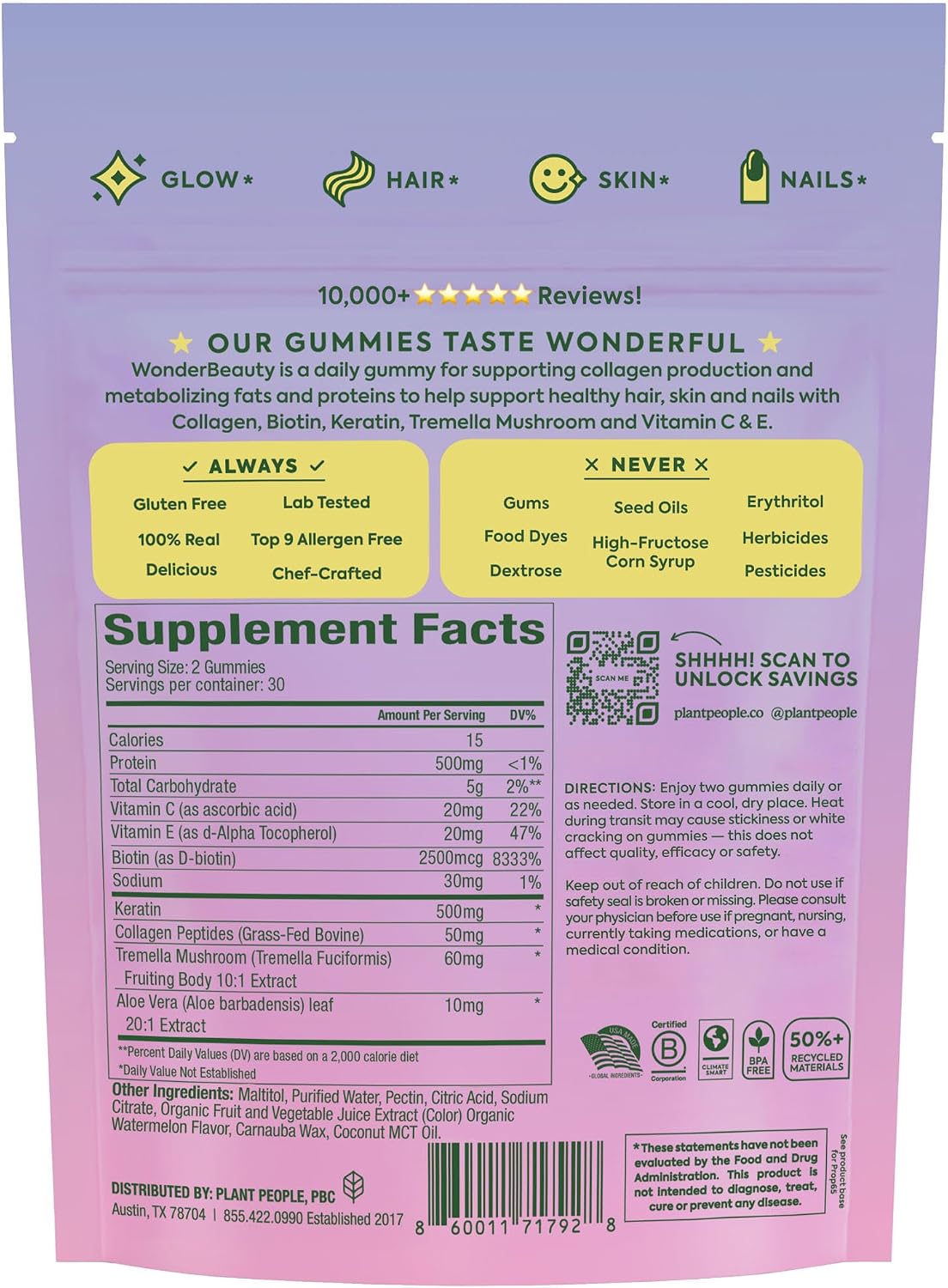 Plant People WonderBeauty Hair Gummies, Watermelon Flavor, 60 Ct