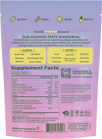 Plant People WonderBeauty Hair Gummies, Watermelon Flavor, 60 Ct