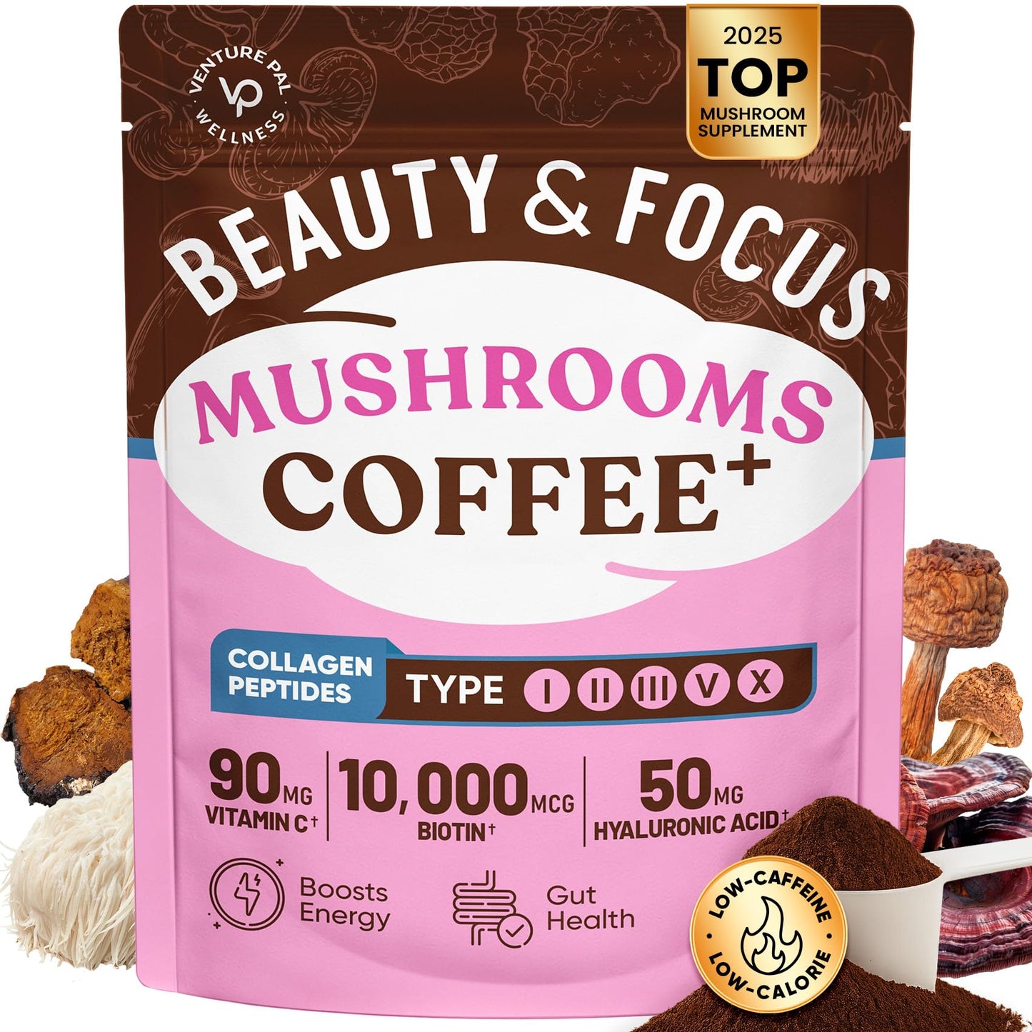 Venture Pal Mushroom Coffee, 12 Mushrooms, Focus & Digestion, 40 Servings | 12 Adaptogenic Mushrooms with Lion's Mane, Cordyceps, Reishi, Turkey Tail, Ashwagandha & Probiotics, Low Caffeine & Calories