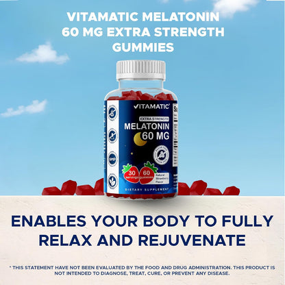Vitamatic Sugar Free Melatonin 60 mg Per Serving - 60 Vegetarian Gummies | Non-Habit Forming High Potency Melatonin Supplement