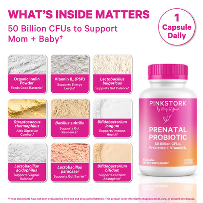 Pink Stork Prenatal Probiotic for Women with 50 Billion CFU, 30 Capsules | Added Vitamin B6 + Prebiotics, Morning Sickness Support, Vegan & Gluten-Free, Digestive, Immune, + Gut Health