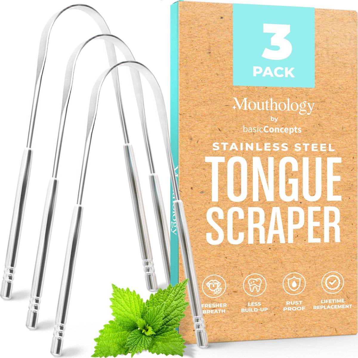 Mouthology Tongue Scraper for Adults, Stainless Steel Metal Tongue Scraper for Tongue 