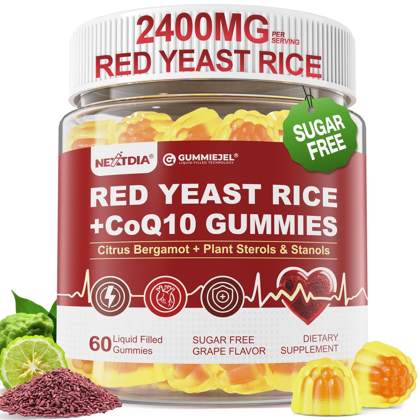 Red Yeast Rice Gummies 2400MG with CoQ10, Suagr Free Balanced Chṏlesterṏl Supplements Plus Citrus Bergamot, Plant Sterols & Stanols Supports Vḁsculḁr Health, Energy, Immunity for Age 50+,Vegan,60 Cts