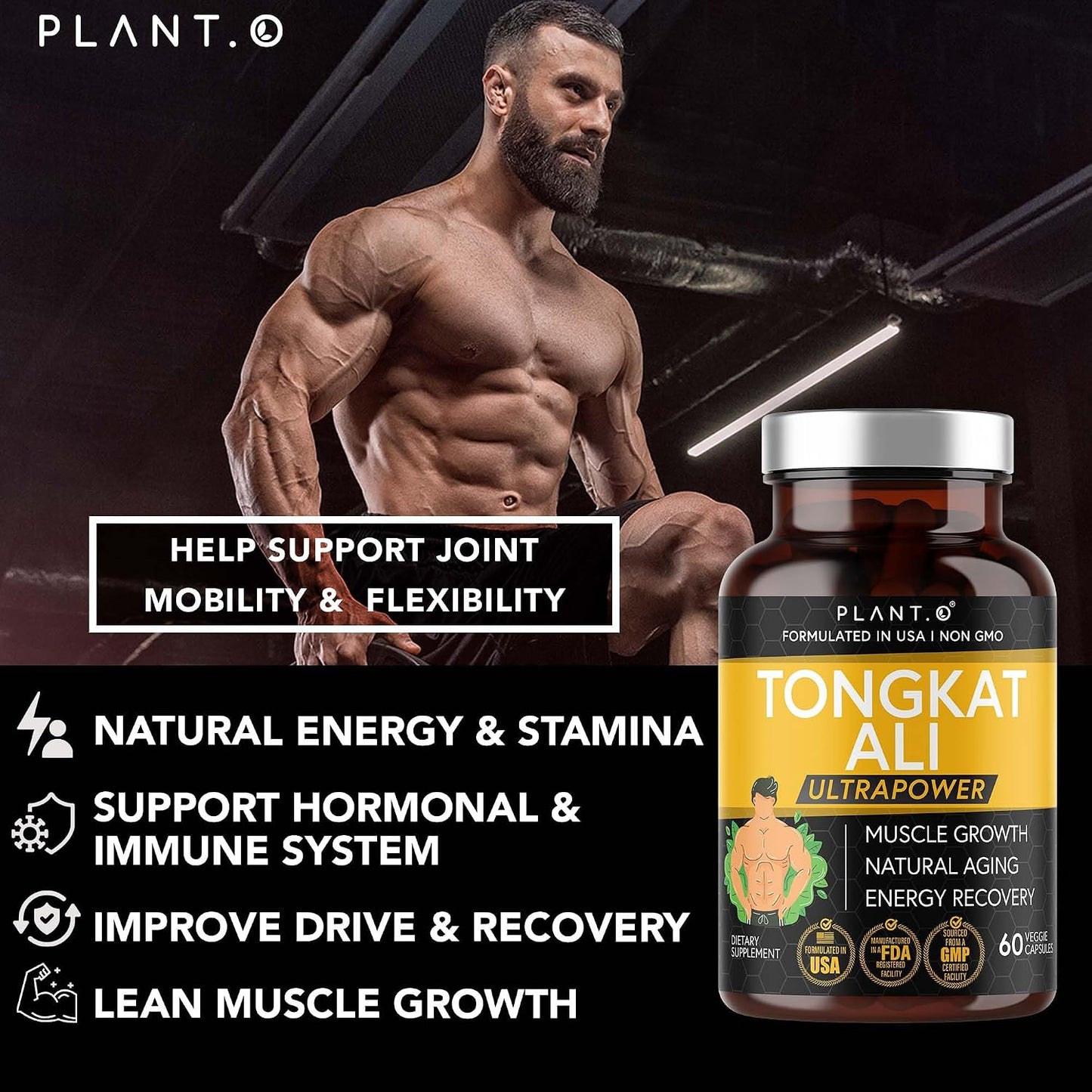 PLANT.O NUTRITION Tongkat Ali Ultrapower - Longjack Extract Supplement for Stamina, Strength, Endurance, Lean Muscle Growth & Recovery - Men's Pre Workout Supplement 60 Capsules Non GMO