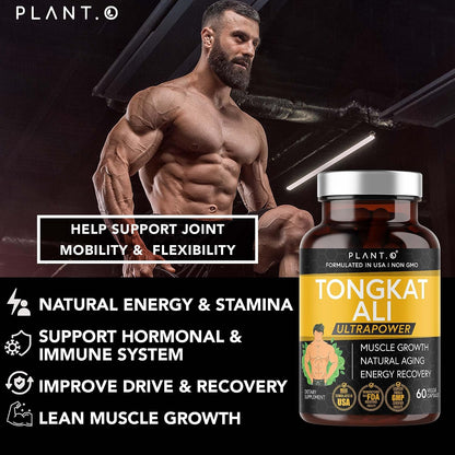 PLANT.O NUTRITION Tongkat Ali Ultrapower - Longjack Extract Supplement for Stamina, Strength, Endurance, Lean Muscle Growth & Recovery - Men's Pre Workout Supplement 60 Capsules Non GMO