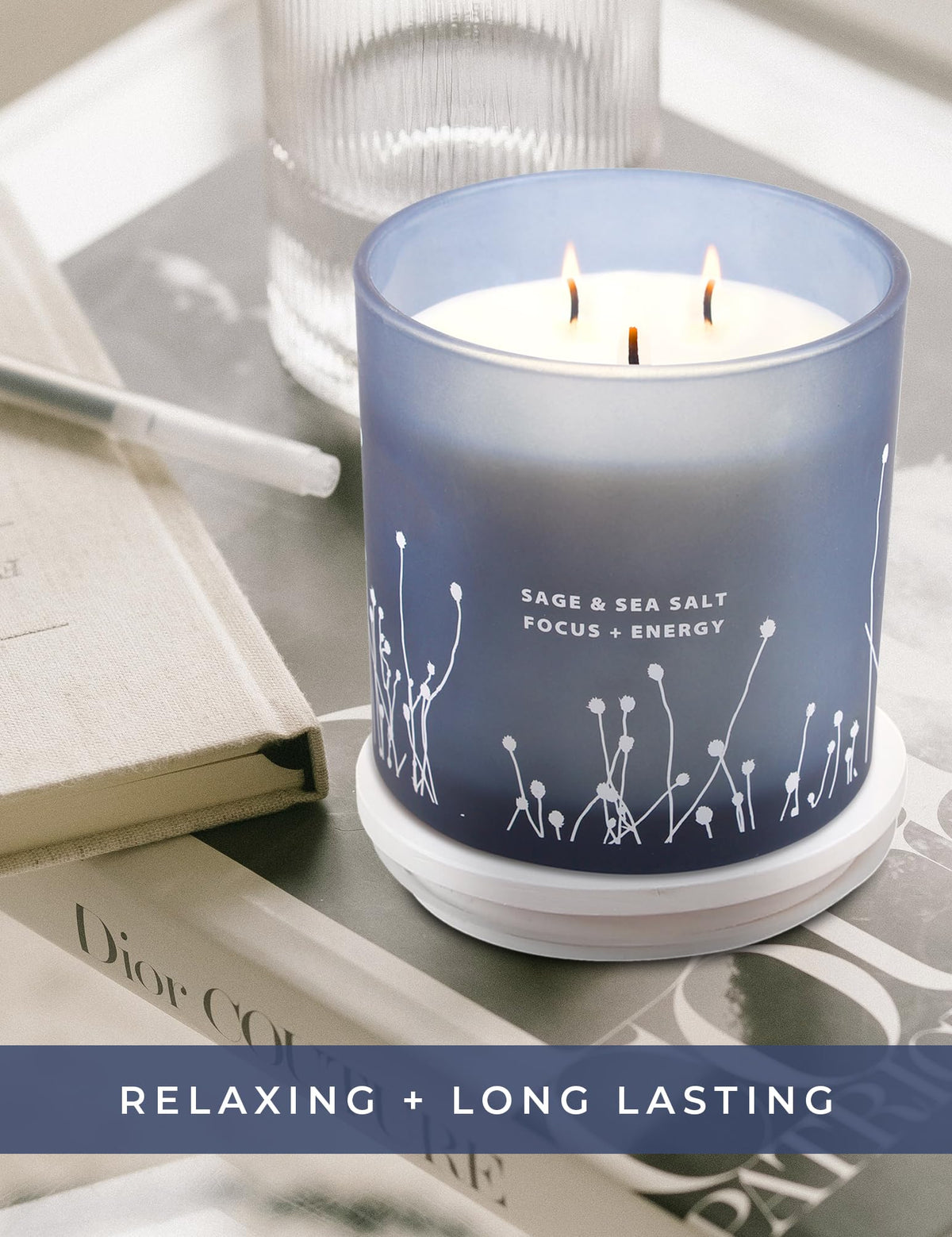 White Sage Sea Salt 3 Wick Candle 14.5 oz | Sage Candles for Cleansing House | Large Soy Candles