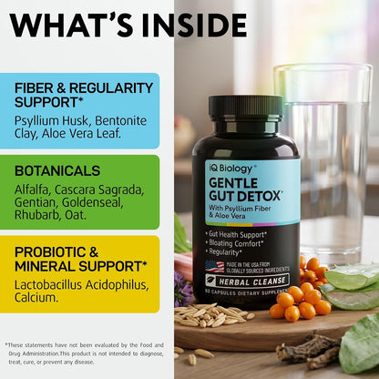 Gut Health Supplement - Herbal Regularity Support with Probiotic & Fiber | Psyllium Husk, Aloe Vera & Cascara Sagrada - Digestive, Gentle Cleanse & Bowel Movement Regularity - 60 Capsules