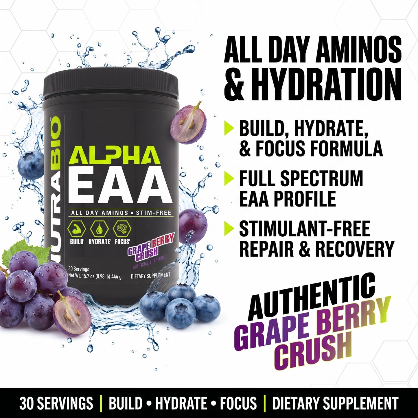 NutraBio Alpha EAA - All-Day Amino Acids for Muscle Growth and Hydration - Essential Amino Acids with Nootropics & Adaptogens- Full Spectrum EAA BCAA Powder - 30 Servings - Strawberry Lemon