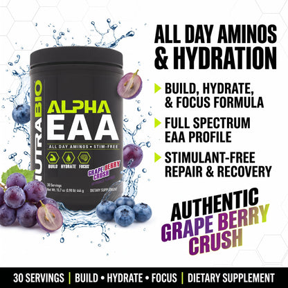 NutraBio Alpha EAA - All-Day Amino Acids for Muscle Growth and Hydration - Essential Amino Acids with Nootropics & Adaptogens- Full Spectrum EAA BCAA Powder - 30 Servings - Strawberry Lemon