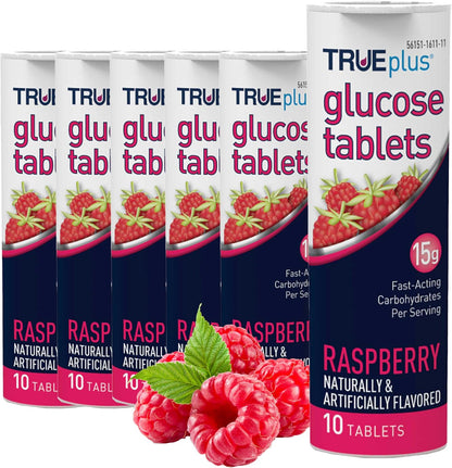 TRUEplus Glucose Tablets, Raspberry Flavor, 10 Count, 6 Tubes | Chewable Tablets, 15g Fast-Acting Carbohydrates, Fat Free, Gluten Free, Boosts Energy, Great Tasting and Easy to Use