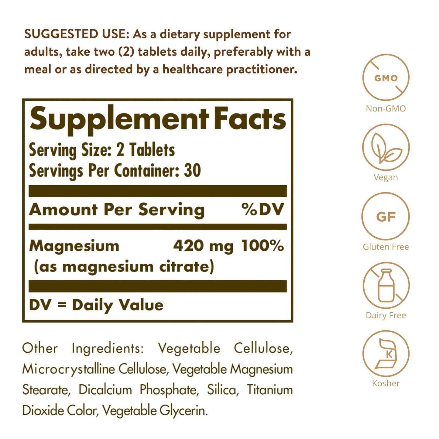 Solgar Magnesium Citrate, 120 Tablets - Promotes Healthy Bones - Supports Nerve & Muscle Function - Non GMO, Vegan, Gluten Free, Dairy Free, Kosher - 60 Servings, Standard Packaging