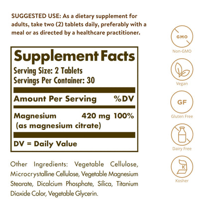Solgar Magnesium Citrate, 120 Tablets - Promotes Healthy Bones - Supports Nerve & Muscle Function - Non GMO, Vegan, Gluten Free, Dairy Free, Kosher - 60 Servings, Standard Packaging
