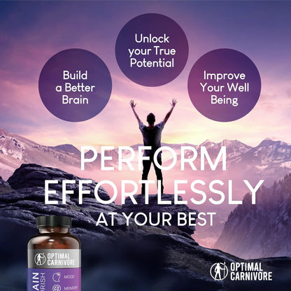 Optimal Carnivore Lions Mane Mushroom Supplement & Beef Brain, Powerful Nootropics Brain Support Supplement, Brain Supplements for Memory and Focus, 180 Capsules