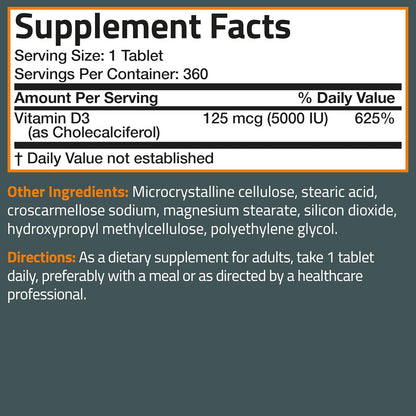 Bronson Vitamin D3 5000iu (125mcg) Non-GMO Gluten-Free Soy-Free 360 Tablets | Immune, Bone, Joint, Breast, Heart, and Colon Health Supplement