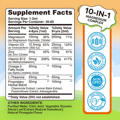 Kids Magnesium Liquid Drops - Liquid Magnesium Glycinate for Kids, Citrate Supplement with L-theanine, Omega-3, Vitamin B12, D3 for Sleep, Calm, Relaxation, Brain, Bones, Strawberry 2 Fl Oz