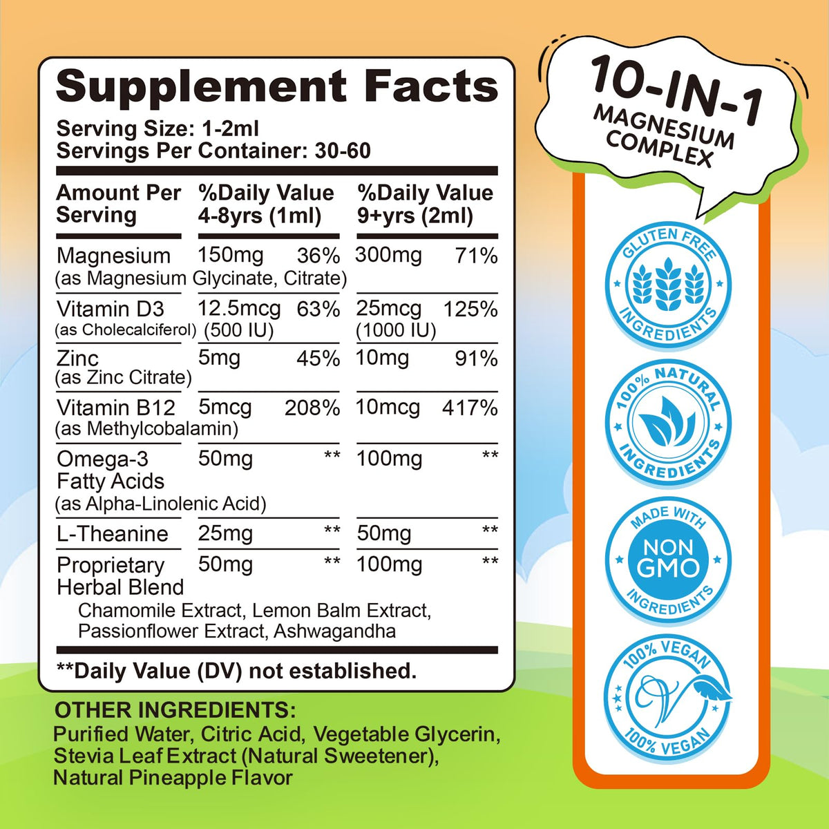 Kids Magnesium Liquid Drops - Liquid Magnesium Glycinate for Kids, Citrate Supplement with L-theanine, Omega-3, Vitamin B12, D3 for Sleep, Calm, Relaxation, Brain, Bones, Strawberry 2 Fl Oz