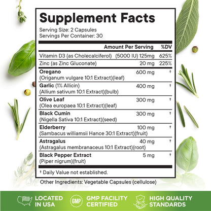 Superfood MD Oregano Oil Garlic Extract Olive Leaf Black Seed Oil Astragalus- for Women and Men- 60 Count