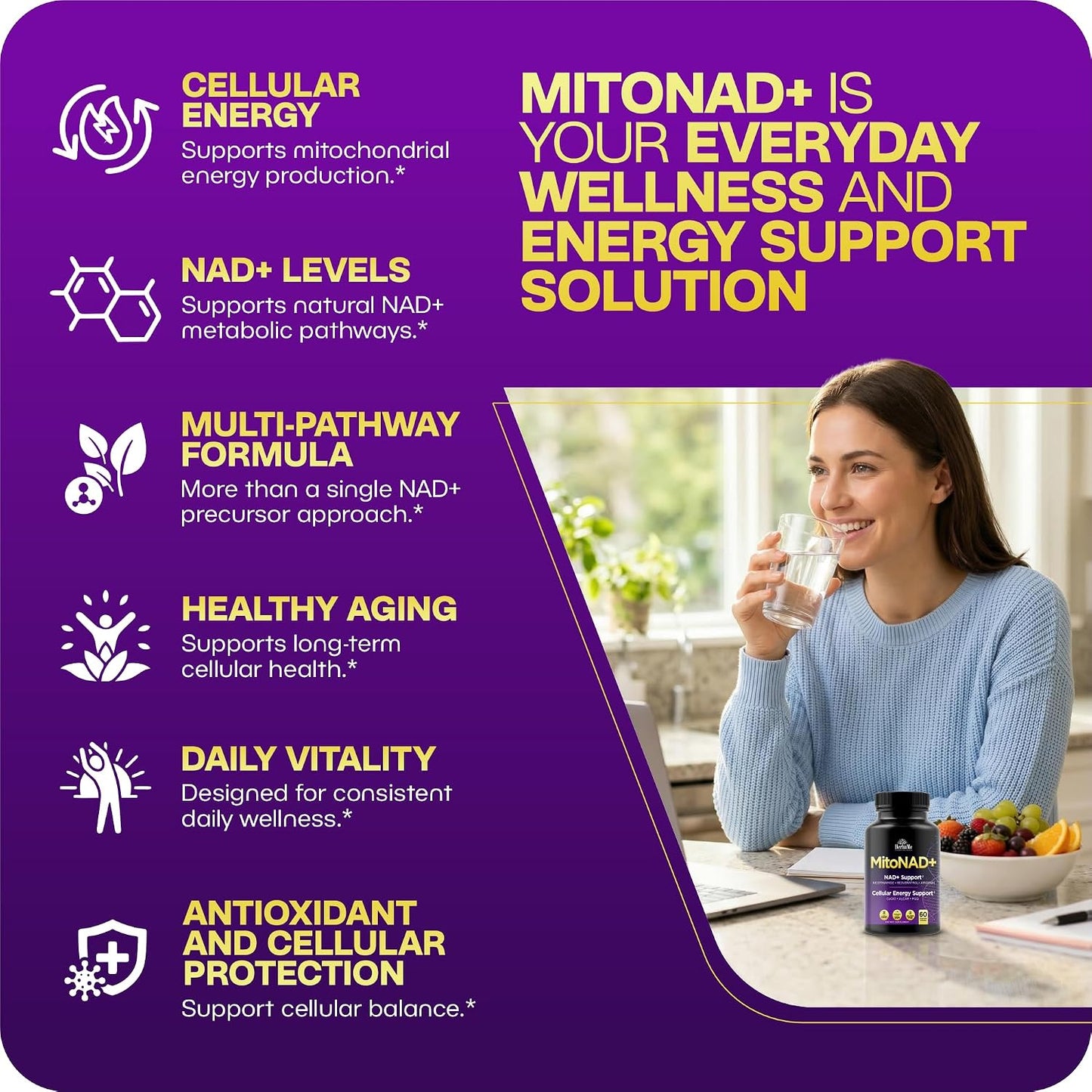 HerbaMe NAD+ Support Supplement - Multi-Pathway Cellular Energy Formula with Nicotinamide, CoQ10, PQQ, Resveratrol & Apigenin - Mitochondrial Support & Healthy Aging - 60 Capsules
