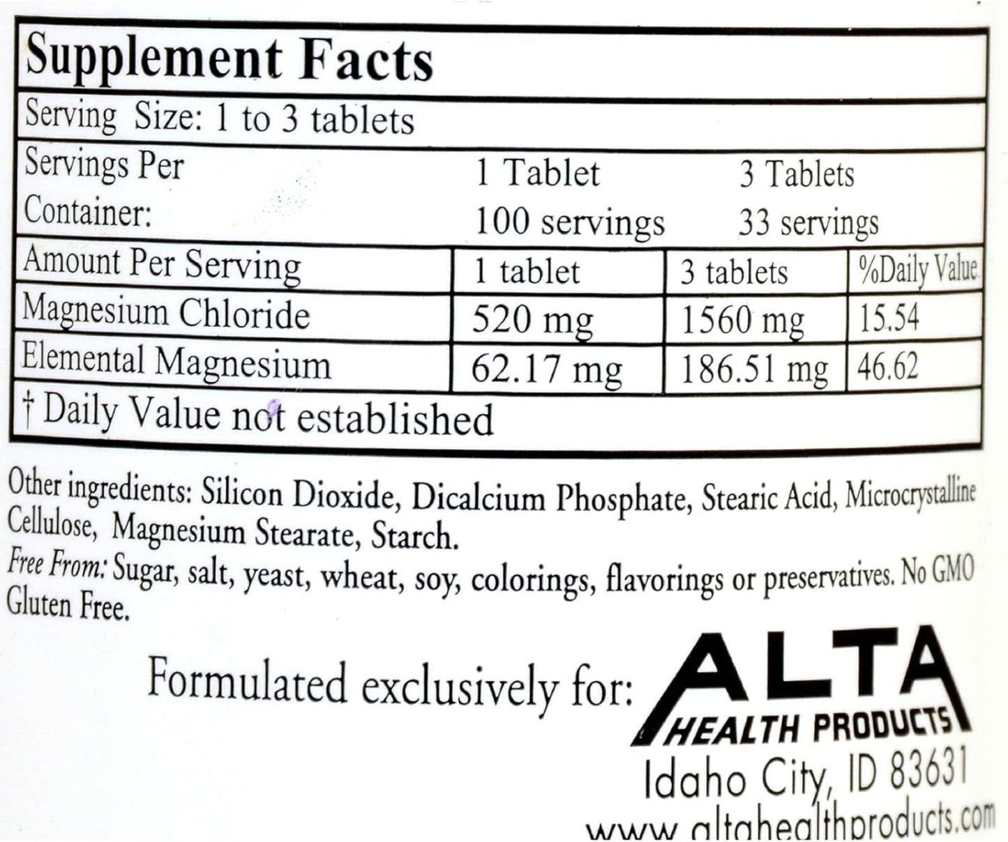 Alta Health Magnesium Chloride Tablets, 100 Count