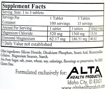 Alta Health Magnesium Chloride Tablets, 100 Count