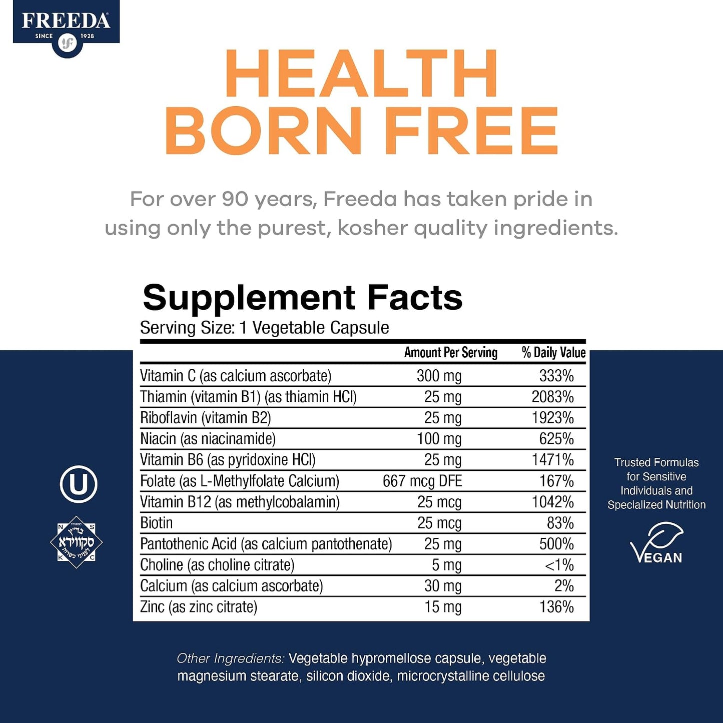 FREEDA Vitamin B Complex with Vitamin C & Zinc – 60 Capsules | Supports Energy & Metabolism with Active B12, Methylfolate, B1–B6, Biotin, Choline - Vegan, Kosher, SCD Legal