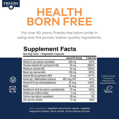 FREEDA Vitamin B Complex with Vitamin C & Zinc – 60 Capsules | Supports Energy & Metabolism with Active B12, Methylfolate, B1–B6, Biotin, Choline - Vegan, Kosher, SCD Legal