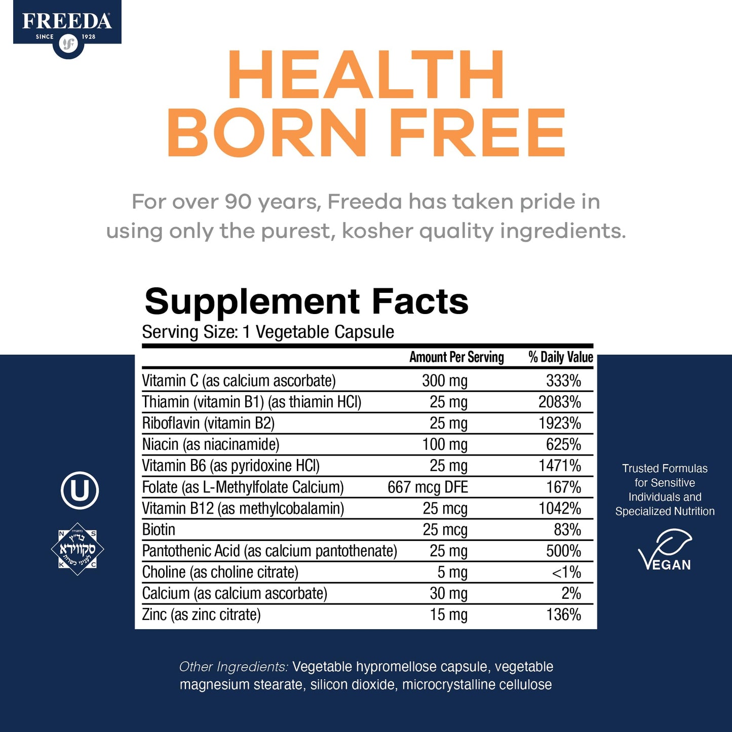 FREEDA Vitamin B Complex with Vitamin C & Zinc – 60 Capsules | Supports Energy & Metabolism with Active B12, Methylfolate, B1–B6, Biotin, Choline - Vegan, Kosher, SCD Legal