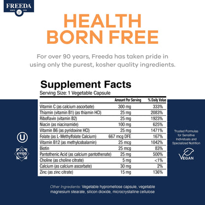 FREEDA Vitamin B Complex with Vitamin C & Zinc – 60 Capsules | Supports Energy & Metabolism with Active B12, Methylfolate, B1–B6, Biotin, Choline - Vegan, Kosher, SCD Legal