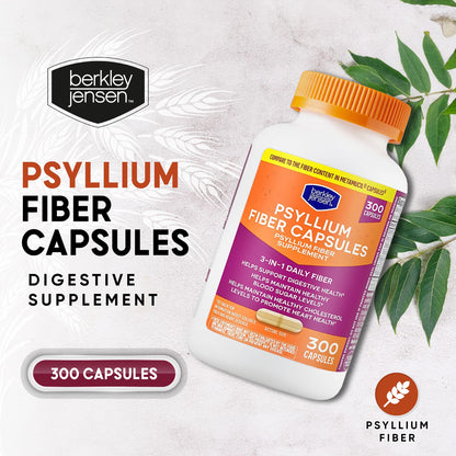 berkley jensen Daily Psyllium Husk Supplement, Natural Fiber for Men & Women - Fiber Capsules for Overall Digestive Health, Easing Constipation, Made in USA - 300 Count (Pack of 2)