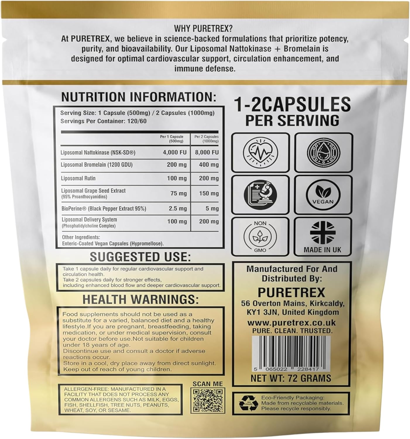 Nattokinase Supplement 4000 FU Liposomal Enteric Coated Capsules, Bromelain 1200 GDU, Rutin, Grape Seed Extract, BioPerine, Heart Health & Blood Circulation Formula for Men & Women, 120 Count