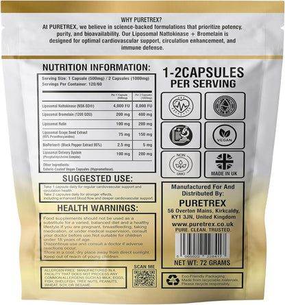 Nattokinase Supplement 4000 FU Liposomal Enteric Coated Capsules, Bromelain 1200 GDU, Rutin, Grape Seed Extract, BioPerine, Heart Health & Blood Circulation Formula for Men & Women, 120 Count